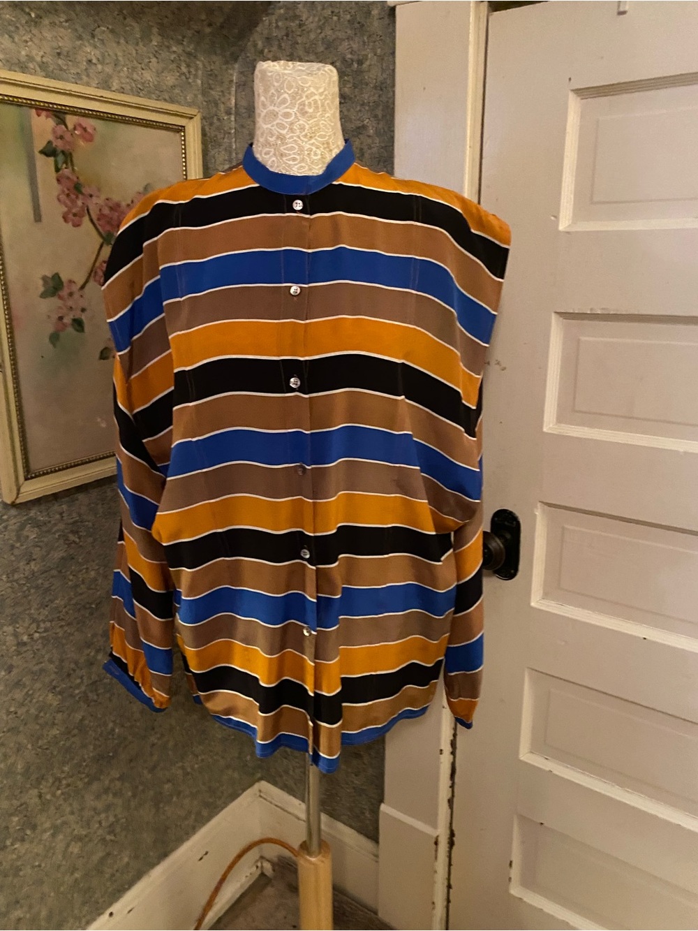 Vintage Silk avant-garde striped blouse structured wide shoulders sz 8 Mure fall